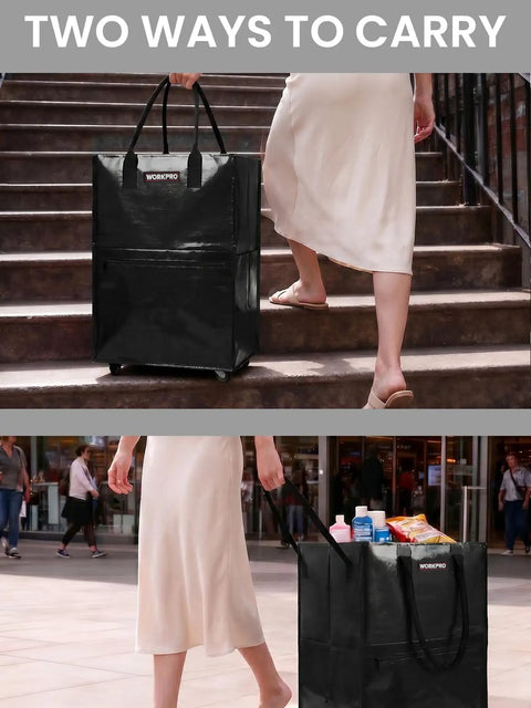 Heavy Duty Rolling Grocery Tote On Wheels With Handy Handle For Groceries Laundry Camping And Moving, carrying options shown