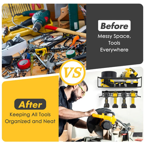 Split Type Power Tool Organizer With Two Independent Pieces Includes Seven Free Tools Wall Mounted Heavy Duty Tool Rack For Cordless Drills And Handheld Tools In The Garage Versatile Vertical Or Horizontal Mount Floating Tool Shelf