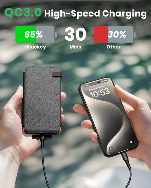 Outdoor Solar Charger 25000mAh With Four Solar Panels USB C Power Bank Featuring 3A Fast Charge And Three USB Outputs charging a smartphone