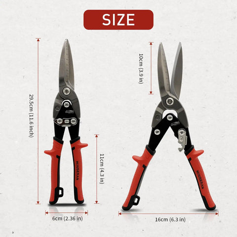 Front view of 12 Inch Aviation Snips For Long Straight Cuts In Tin And Metal Sheets Heavy Duty CR MO Metal Cutters with measurements