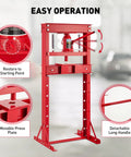 Tough As Nails 20 Ton Hydraulic Press H Frame Shop Workhorse With Adjustable Base And Heavy Plates For Metal Bending bearing setup and everyday auto repair tasks in bright red with movable press plate.