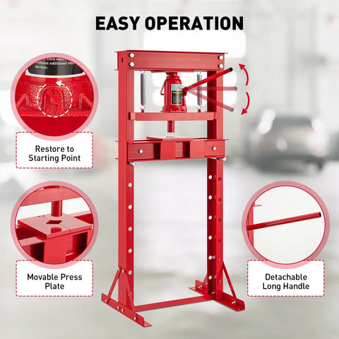 Tough As Nails 20 Ton Hydraulic Press H Frame Shop Workhorse With Adjustable Base And Heavy Plates For Metal Bending bearing setup and everyday auto repair tasks in bright red with movable press plate.