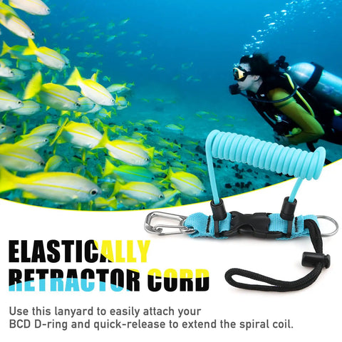 Scuba Diving Coil Lanyard With Spring Loaded Gate Clip, Stainless Steel, Quick Release Buckle, TPU Coated, 95 Centimeter Extension, Holds Up To 60 Pounds, Lightweight, Light Blue For Underwater Cameras And Tools displayed underwater with diver and fish