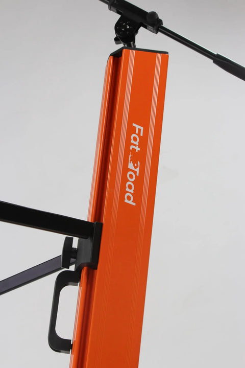 Fat Toad Column Dj Keyboard Stand Two Tier Mic Boom Adapter Sliding Tower For Digital Turntable Audio Gear Synthesizer detail of orange aluminum frame with handle