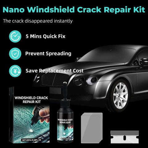 All Purpose Windshield Crack Repair Kit With 5 Minute Quick Glass Liquid For Windshields And Mirrors All Crack Types 0.68 Fl Oz Upgraded 2026 Version Long Lasting Durable Chip Repair with components and car in background.