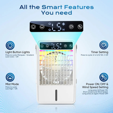 Portable 1500ml Tank Mini Evaporative Air Cooler with remote control and digital display showcasing fan settings.