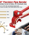 180° precision pipe bender tool in use, showing degrees of bend for 6mm, 8mm, and 10mm pipes, used for brake, AC, and hydraulic lines.