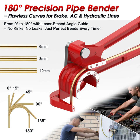 180° precision pipe bender tool in use, showing degrees of bend for 6mm, 8mm, and 10mm pipes, used for brake, AC, and hydraulic lines.