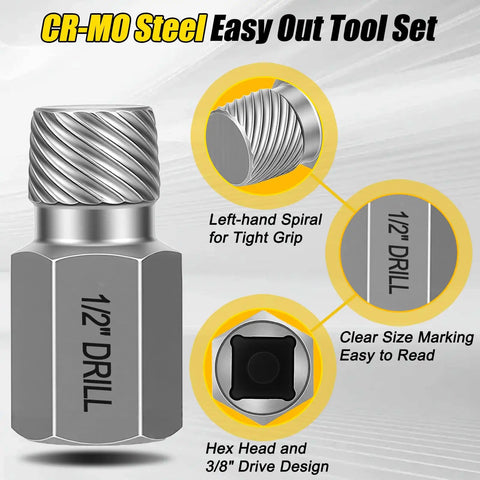 Top Tier 15 Piece Easy Out Screw Extractor Kit With Bolt Remover Drivers And Storage Case For Stripped Damaged Fasteners In Home Garage Or Professional Auto Work, 1/2" drill