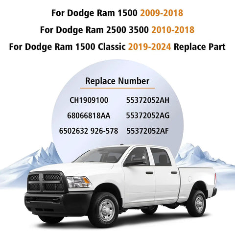 White Dodge Ram truck in front of compatibility chart for Rear Tailgate Molding Cap Spoiler for 2009-2018 Ram 1500 2500 3500.