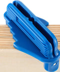 Side view of blue plastic center finder tool for woodworking with built-in pencil holder.