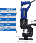 Heavy Duty 1200W Electric Hydraulic Hole Punch Tool 110V 10 Ton Output for sheet metal with size and specification chart