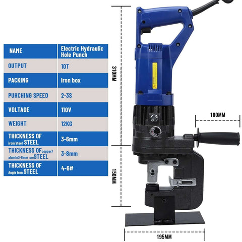 Heavy Duty 1200W Electric Hydraulic Hole Punch Tool 110V 10 Ton Output for sheet metal with size and specification chart