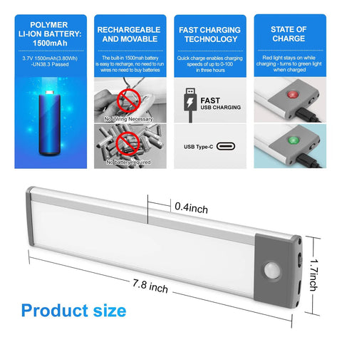 Slim USB Rechargeable 30 LED Under Cabinet Lights 2 Pack Motion Activated Night Lights with battery and charging details