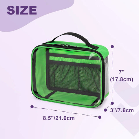 Green zip pouch showing dimensions for Four Pack Color Coded Clear Zip Pouches For First Aid Kit Organization See Through Medical Storage Bags