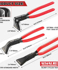 3-piece Sheet Metal Bending Pliers Set with straight, 45°, 90° seamer, red handles, heat-treated carbon steel, sizes labeled, Alwalkee brand
