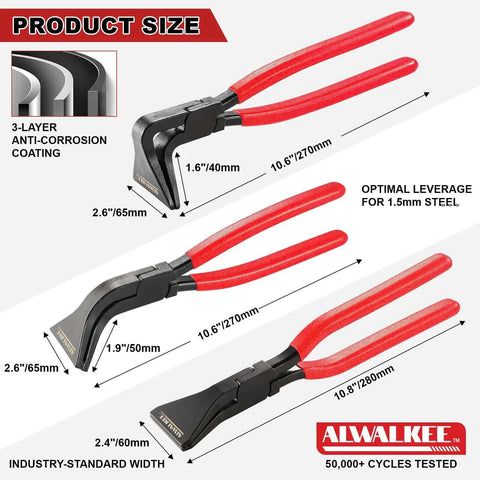 3-piece Sheet Metal Bending Pliers Set with straight, 45°, 90° seamer, red handles, heat-treated carbon steel, sizes labeled, Alwalkee brand