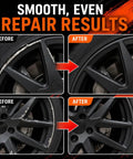 Premium Matte Black Wheel Scratch Repair Kit And Rim Paint Pen To Dodge Curb Bashers And Road Grit By Restoring Slick Finish At Home Without The Costly Mechanic Visit Before and after wheel repair results.