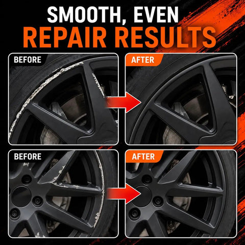 Premium Matte Black Wheel Scratch Repair Kit And Rim Paint Pen To Dodge Curb Bashers And Road Grit By Restoring Slick Finish At Home Without The Costly Mechanic Visit Before and after wheel repair results.