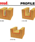 Three wooden profiles showing cut examples of undersized plywood bit set three piece with 1/2 inch shank for 1/4, 1/2, 3/4 plywood.