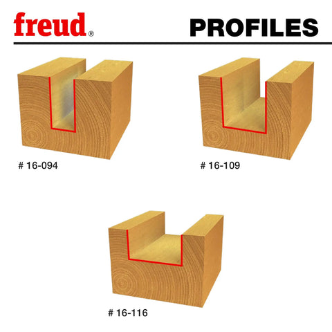 Three wooden profiles showing cut examples of undersized plywood bit set three piece with 1/2 inch shank for 1/4, 1/2, 3/4 plywood.