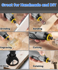 Beast 130W Corded Rotary Tool Kit With 204 Piece Accessory Set shown grinding, sanding, engraving, cutting, drilling, polishing wood