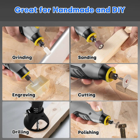 Beast 130W Corded Rotary Tool Kit With 204 Piece Accessory Set shown grinding, sanding, engraving, cutting, drilling, polishing wood