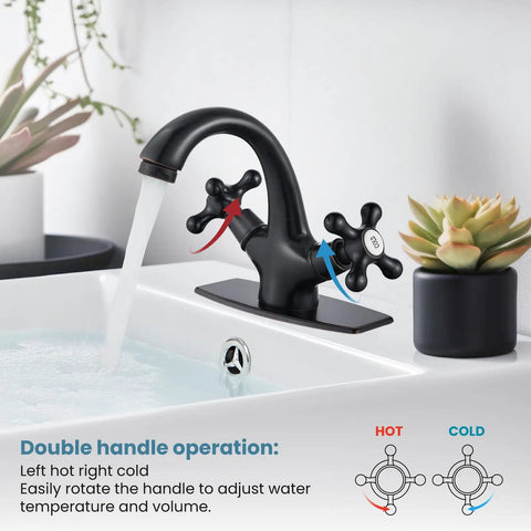 Old School Oil Rubbed Bronze Bathroom Sink Faucet With Single Hole, Double Cross Handles, water flowing, detail view