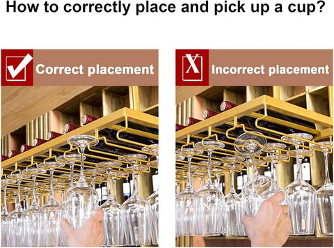 Proper and improper cup placement on Iron Ceiling Mount Wine Rack Cabinet With Hanging Holder And Floating Bar Shelf