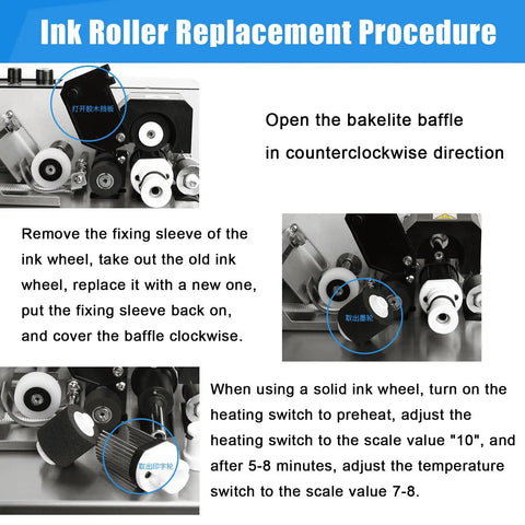 Ink Roller Replacement Procedure for Automatic Print Date Label Machine 180W Ink Wheel Printer with detailed instructions.