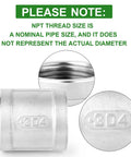 Close-up of 304 stainless steel pipe fitting with note on NPT thread size; Five Piece 304 Stainless Steel Cast Pipe Fittings Coupling Set 1 Inch