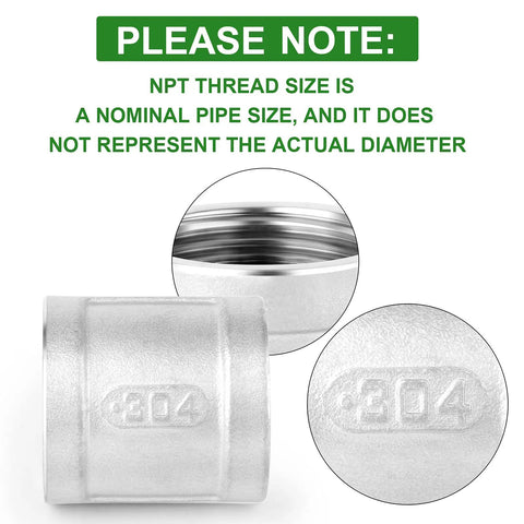 Close-up of 304 stainless steel pipe fitting with note on NPT thread size; Five Piece 304 Stainless Steel Cast Pipe Fittings Coupling Set 1 Inch