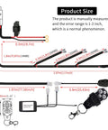 Diagram of Remote Control Wiring Harness Kit For 12V LED Driving Lights Bar And Offroad Lights, showing measurements and components.