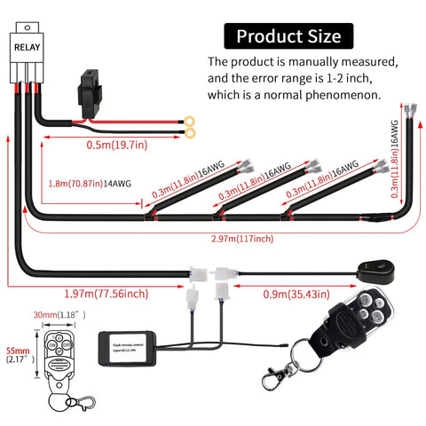 Diagram of Remote Control Wiring Harness Kit For 12V LED Driving Lights Bar And Offroad Lights, showing measurements and components.