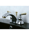 Naples 4 Inch Centerset Lavatory Faucet In Polished Chrome And Polished Brass With No Drip Easy Install Washerless Cartridge Includes Pop Up Drain 1.2 GPM At 60 PSI Bathroom Faucet installed on a sink.
