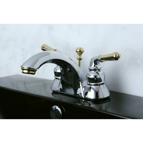 Naples 4 Inch Centerset Lavatory Faucet In Polished Chrome And Polished Brass With No Drip Easy Install Washerless Cartridge Includes Pop Up Drain 1.2 GPM At 60 PSI Bathroom Faucet installed on a sink.
