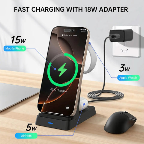 3 In 1 Fast Wireless Charging Station For iPhone 17 16e 16 15 14 13 12 11 X Pro Max Apple Watch And AirPods Pro 4 3 2 Compact Desk Or Nightstand Charging Hub with phone charging display