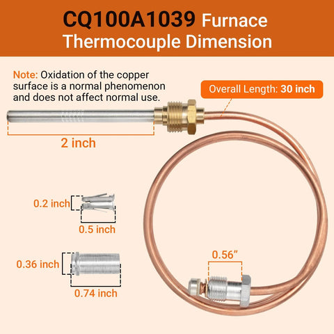 Copper 30-inch furnace thermocouple with brass adapter fitting for Honeywell boilers