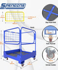 Rock Solid Foldable Forklift Safety Cage For Two Workers dimensions with blue steel body, slip-proof mat, and fork pocket.