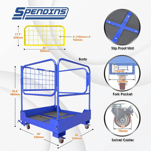 Rock Solid Foldable Forklift Safety Cage For Two Workers dimensions with blue steel body, slip-proof mat, and fork pocket.