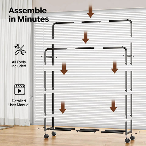 Super Slick Double Tier Garment Rack Built Tough With Heavy Duty Steel Frame And Spacious Bottom Shelf Total Closet Game Changer In Sleek Black Finish Easy Assembly