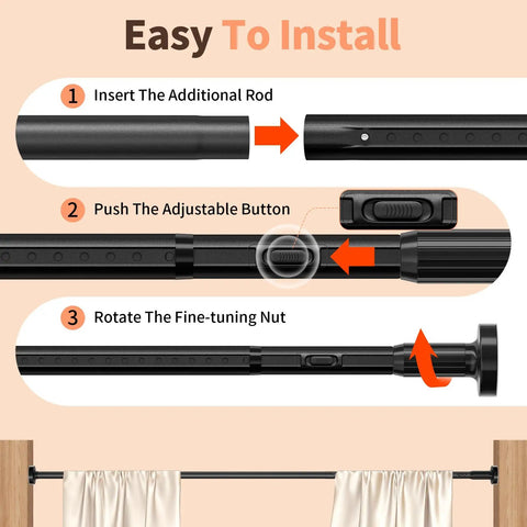 Easy install steps for Heavy Duty Tension Curtain Rod 41 To 86 Inches No Drilling Easy Install For Windows Bathrooms Patios Black
