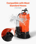 Beast Submersible Trash Pump 2000 GPH at 120V with cast iron body shown with water flow and 2-inch discharge