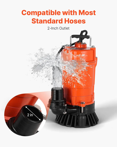 Beast Submersible Trash Pump 2000 GPH at 120V with cast iron body shown with water flow and 2-inch discharge