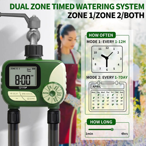 Dual Zone Hose Timer For Lawn And Garden, Smart Programmable Irrigation Controller With Rain Delay, IP54 Waterproof Outdoor