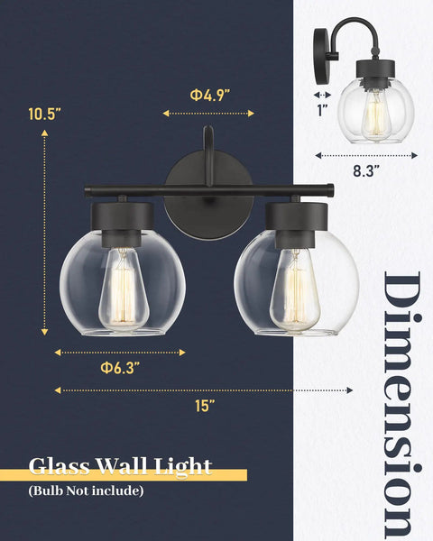 Matte Black Two Light Bathroom Vanity Light Fixtures Over Mirror with Clear Glass Shades Industrial Wall Sconces dimensions