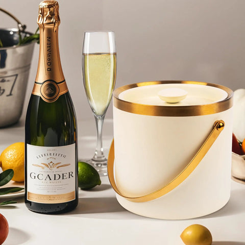 3L Double Wall Insulated Stainless Steel Ice Bucket With Scoop For Cocktails And Bar Parties next to champagne bottle