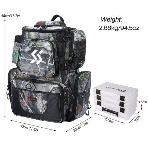 Camouflage Fishing Tackle Backpack With Four Trays, Waterproof Tackle Box Bag, Rain Cover, And Lanyard, detailed view with dimensions.