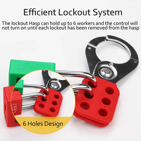 8 Pack Lockout Tagout Hasp Kit With 1.5 Inch Extended Jaw Tamper Proof LOTO Hasps showing red and green safety hasps with 6 holes