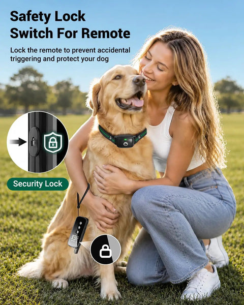Safety lock feature on Hella Tough Long Range Dog Training Collar with remote and golden retriever outdoors.